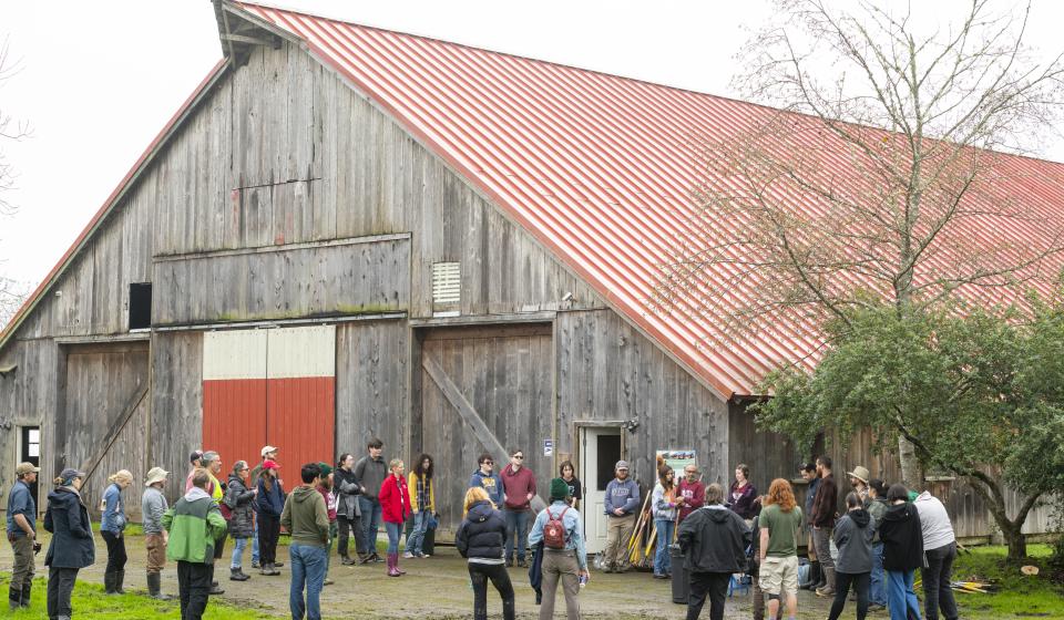 A large group of volunteers gather in a circle in front of the Freshwater Farms barn to reflect on their volunteer experience